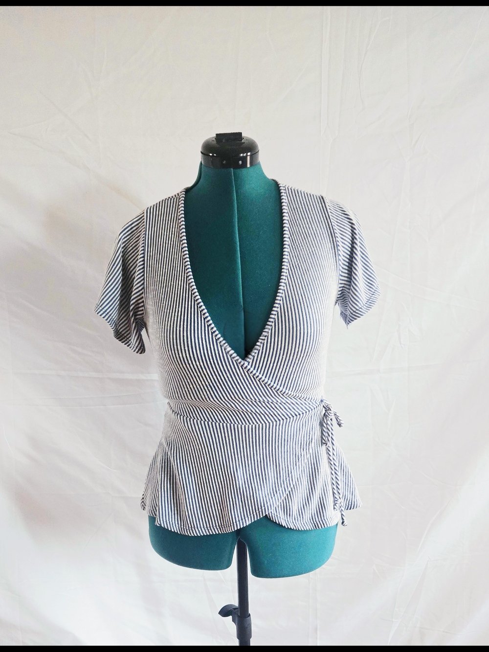 Striped Wrap Peplum Top - Blue and White